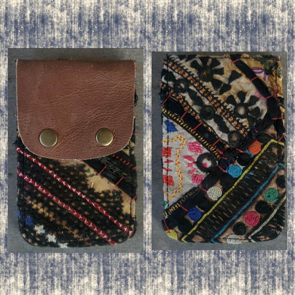 🧠🍳 Free People Boho Embroidered Repurposed vtg banjara hippie Wallet card case